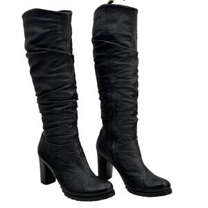 Slouchy Knee High Boot SZ 38 Women's Black Shearling Lined Rugged 3” Heel Zip